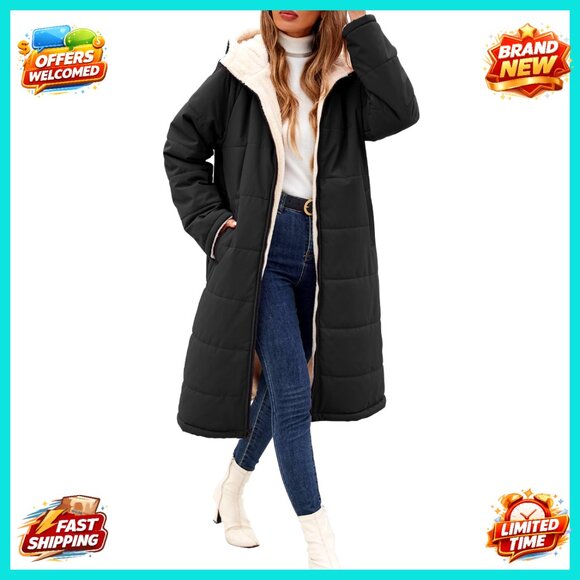 Jackets & Blazers - Long Quilted Puffer Jacket Reversible Sherpa Fleece Lined Hooded Winter Coat